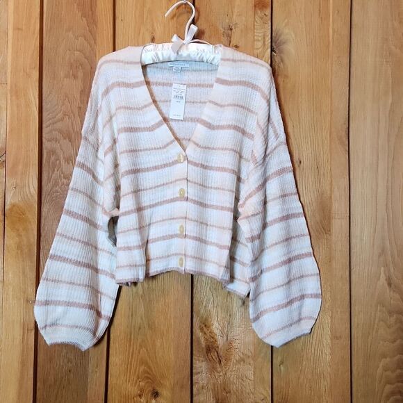 American Eagle Oversized Cropped Bell Sleeve Cardigan Medium, White Pink Stripes - Picture 1 of 10